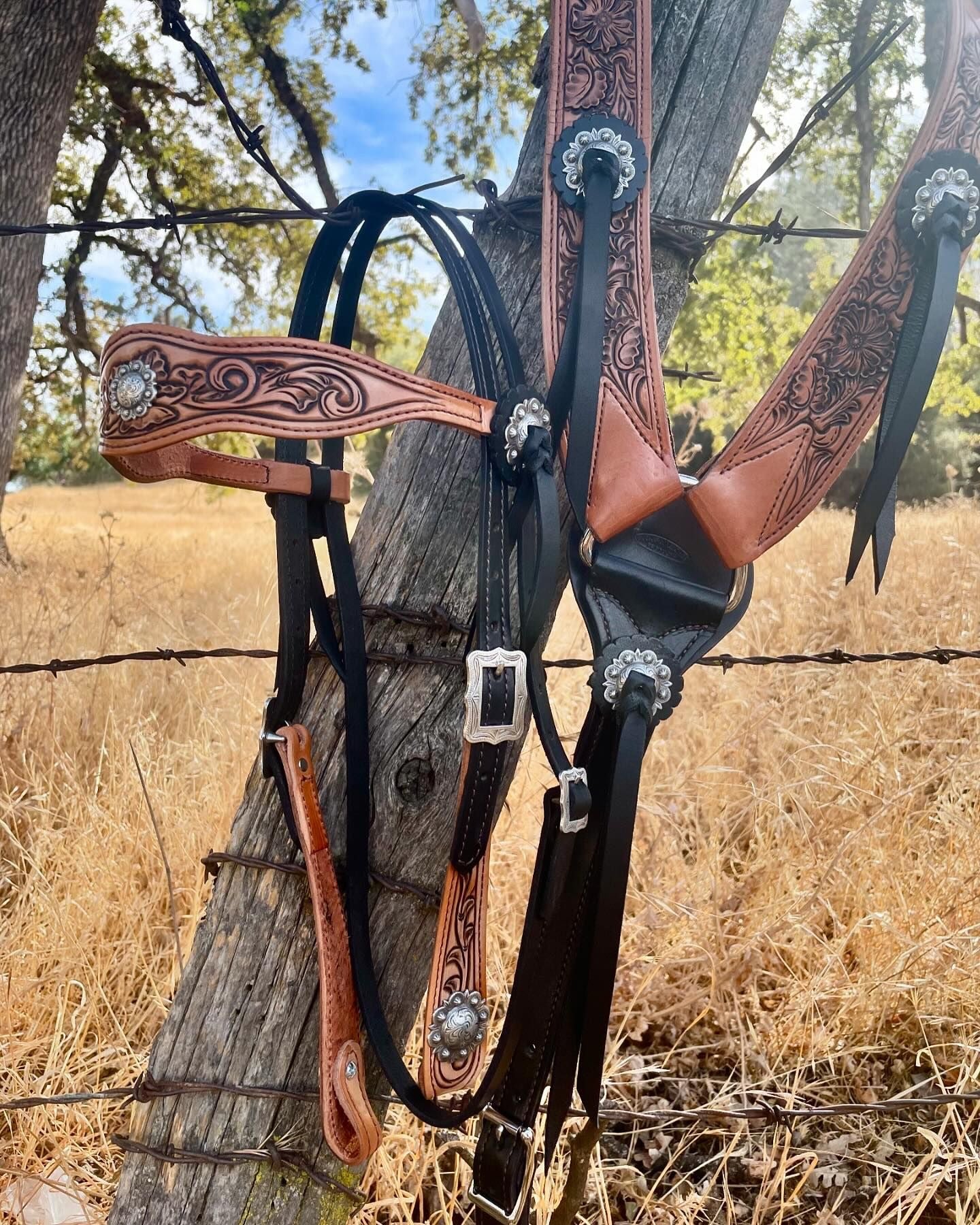 Set équitation Western : Têtière, Collier Poitrine Et Rênes En Cuir Sculpté Main - Ashmira Saddlery